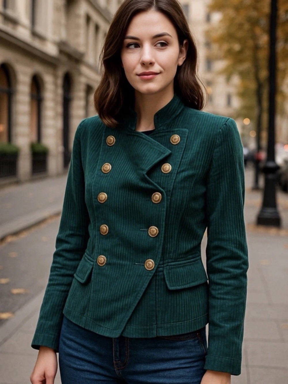 Cabi M Lennon Double-Breasted Legion Gold Button Green Corduroy Military Jacket